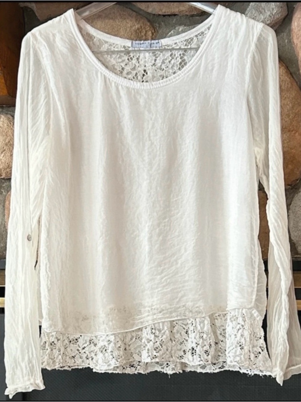 Tempo Paris White Lace And Silk Overlay With Back Ties Tunic Top, Size S